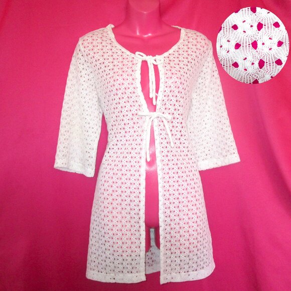 anne cole white sheer crochet boho retro beach cover up dress size small medium - Picture 1 of 5